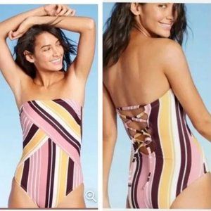 Kona Sol One Piece Swimsuit Strapless Stripes Size M